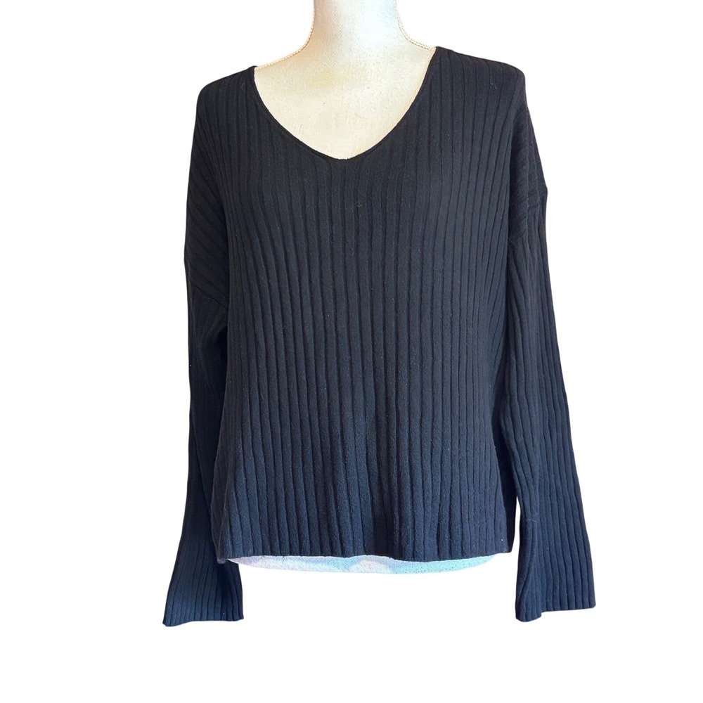 Gap CashSoft Wide Ribbed V-Neck Sweater Black Small 626392-01 Cotton Blend